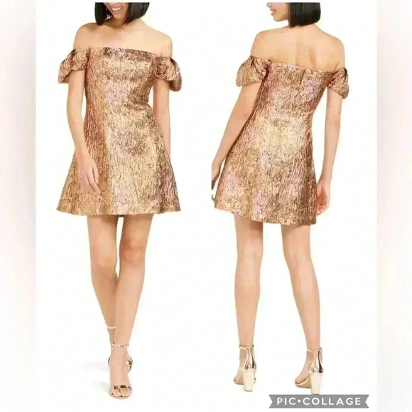 NWT Aidan by Aidan Mattox Metallic Copper Jacquard Dress Off The Shoulder Size 8 - Picture 1 of 6